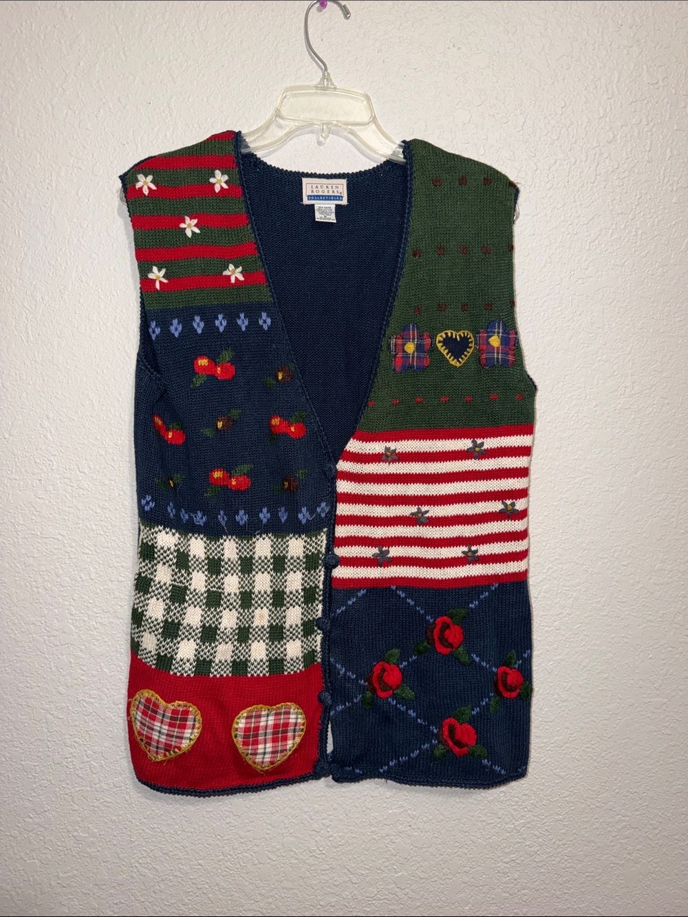 Vintage Hearts Apples Roses Sweater Vest Cardigan Medium